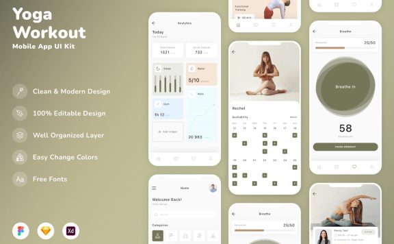 瑜伽和锻炼移动应用APP UI KIT (SKETCH,FIG,XD)
