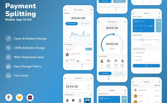 支付拆分移动应用 APP UI KIT (SKETCH,FIG,XD)
