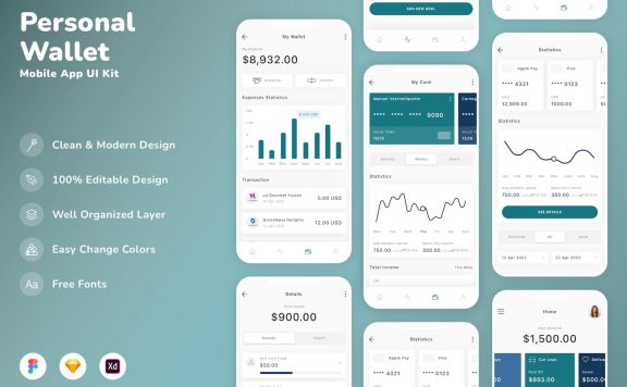 个人钱包移动应用APP UI KIT (SKETCH,FIG,XD)