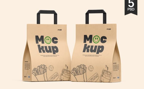 带手柄模型的牛皮纸纸袋样机 (PSD)