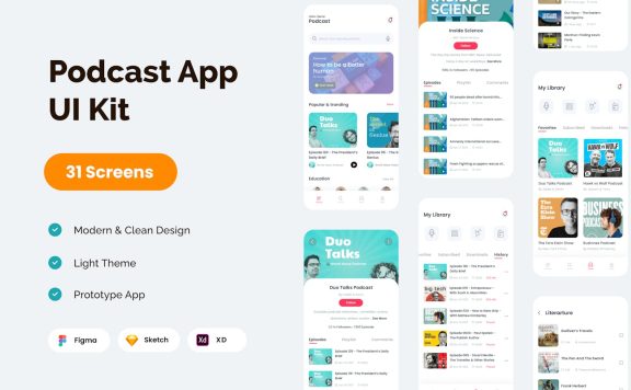 播客移动应用APP UI KIT (FIG,XD,SKETCH)
