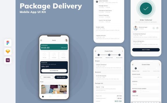 包裹递送移动应用  App UI Kit (SKETCH,FIG,XD)