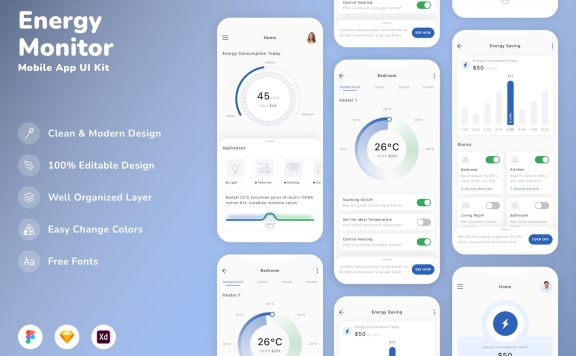 能源监测移动应用 App UI Kit (SKETCH,FIG,XD)