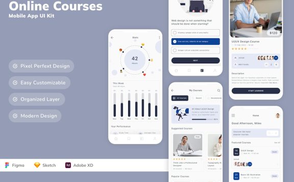 在线课程移动应用 App UI Kit (SKETCH,FIG,XD)