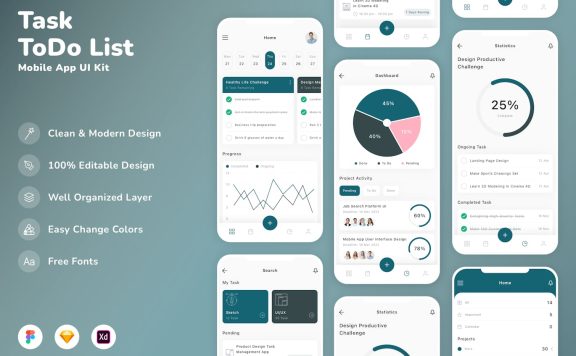 任务和待办事项列表移动应用 App UI Kit (SKETCH,FIG,XD)