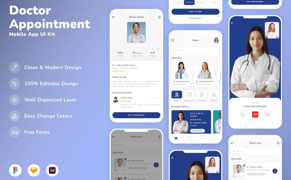 医生预约移动应用 App UI Kit (SKETCH,FIG,XD)