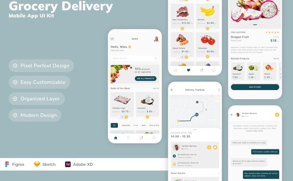 杂货配送移动应用 App UI Kit (SKETCH,FIG,XD)