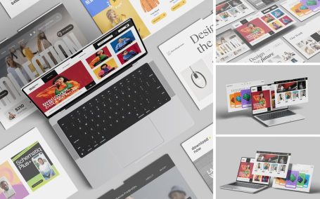 笔记本电脑屏幕网站模型样机 (PDF,PSD)