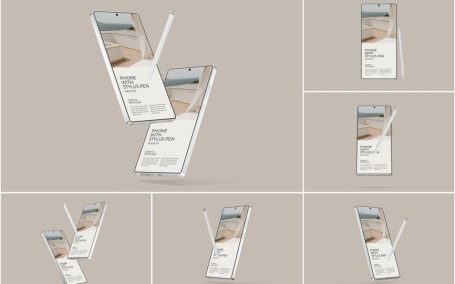 用手写笔模型的电话手机样机 (PSD)