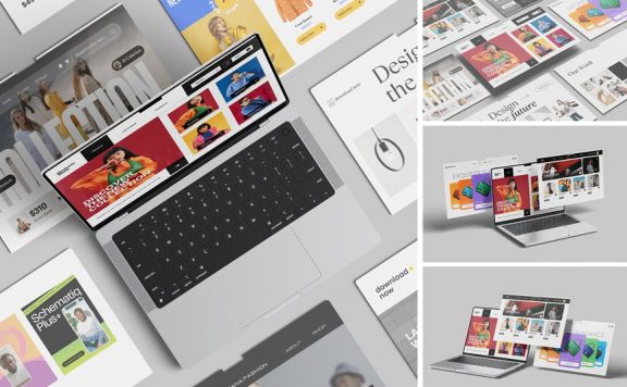 笔记本电脑屏幕网站模型样机 (PDF,PSD)