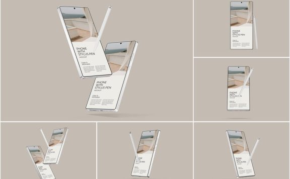 用手写笔模型的电话手机样机 (PSD)