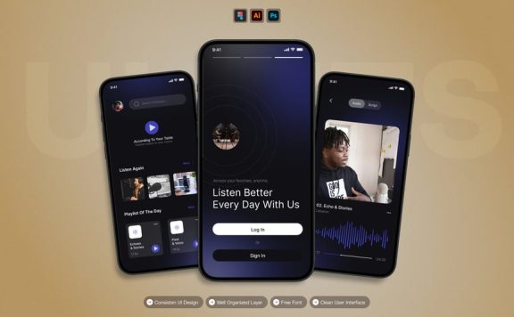 个人音乐移动应用APP UI KIT (AI,EPS,PSD,FIG)