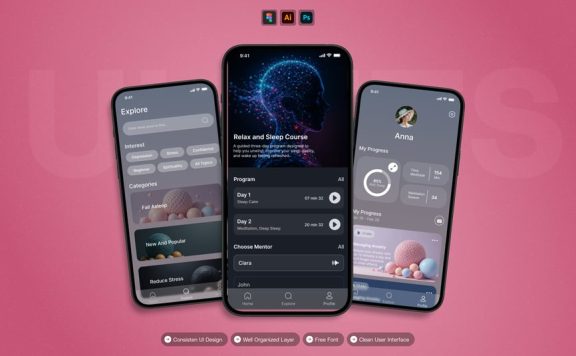 冥想 – 移动应用APP UI KIT (AI,EPS,PSD,FIG)