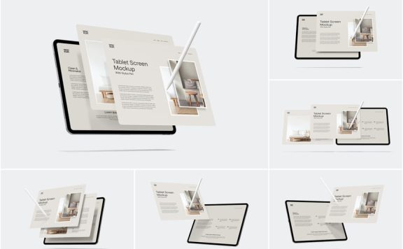 带手写笔的景观平板电脑屏幕模型样机 (PSD)