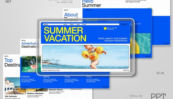 蓝色夏季旅行社PPT模板 (PPTX,PPT)