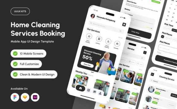 家庭清洁服务预订移动应用APP UI KIT (FIG,SKETCH,XD)