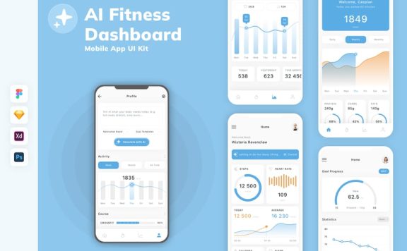 AI健身仪表板移动应用APP UI KIT (SKETCH,FIG,XD,PSD)