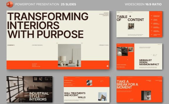 米色橙色室内设计演示PPT模板 (PPTX,PPT)