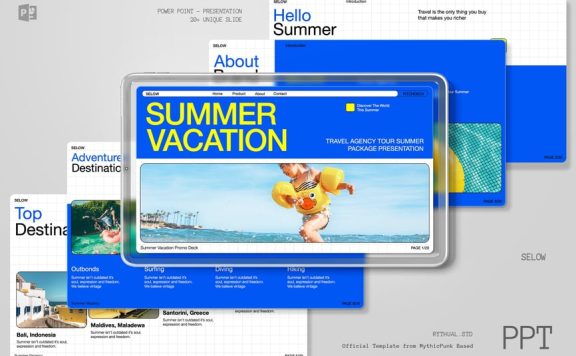 蓝色夏季旅行社PPT模板 (PPTX,PPT)