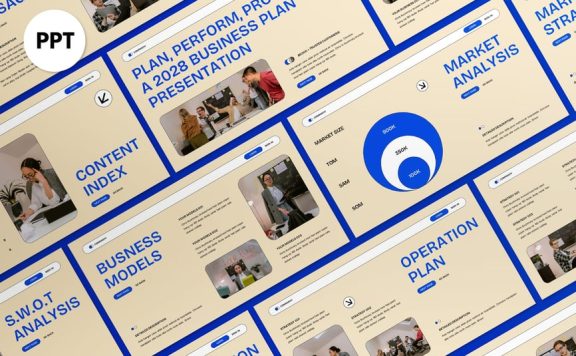 奶油蓝色现代商业计划PPT模板 (PPT,PPTX)