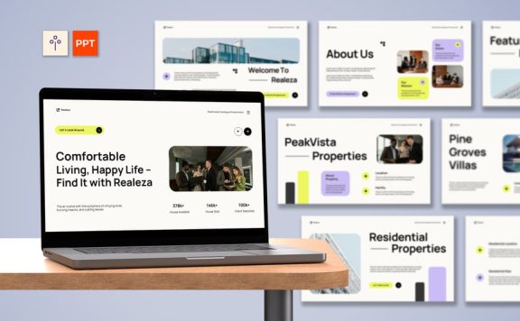 奶油绿色现代房地产目录PPT模板 (PPTX,PPT)